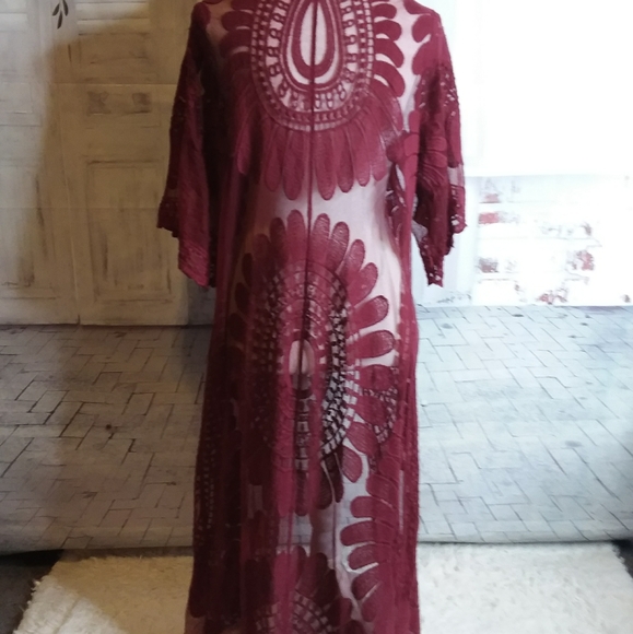 Rebellion again burgundy BOHO floral lace cardigan duster size S - Picture 5 of 7